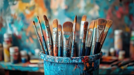 Autism-Friendly Hobbies: Creative Expression with Blue Paintbrush in Blue Cup for Inclusive Activities and Therapeutic Engagement