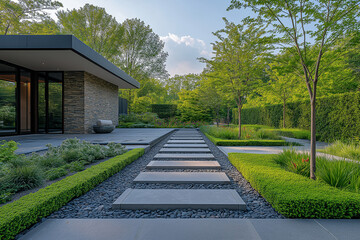 Fototapeta premium Photographie immobilière d'un jardin minimaliste contemporain avec chemin en pierre et haies soigneusement taillées