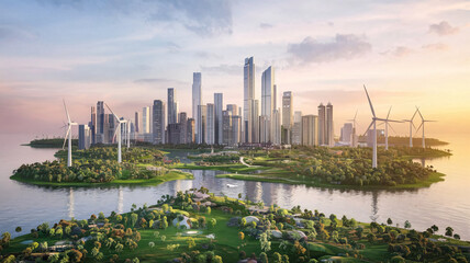 Fototapeta premium Sustainable, Green, Eco-friendly, Wind Turbines, Renewable Energy, Nature, Urban, Cityscape, Skyline, Water, Reflection, Trees, Greenery, Lights, Glowing, Serene, Futuristic, Innovative, Clean Energy,