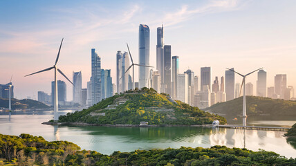 Fototapeta premium Sustainable, Green, Eco-friendly, Wind Turbines, Renewable Energy, Nature, Urban, Cityscape, Skyline, Water, Reflection, Trees, Greenery, Lights, Glowing, Serene, Futuristic, Innovative, Clean Energy,