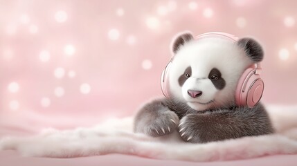Fototapeta premium giant panda listening to music on a head set. AI Generative