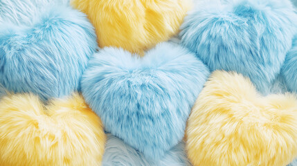 Horizontal fluffy yellow and blue hearts fabric texture background for phone wallpapers