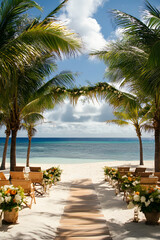 Beautiful beach wedding setup with tropical palm trees, floral decorations, and ocean view, perfect for destination weddings, romantic ceremonies, and outdoor event inspiration.