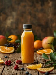 Captivating Scene of a Single Juice Bottle on Rustic Wooden Table Natural Environment Aesthetic Viewpoint Beverage Focus