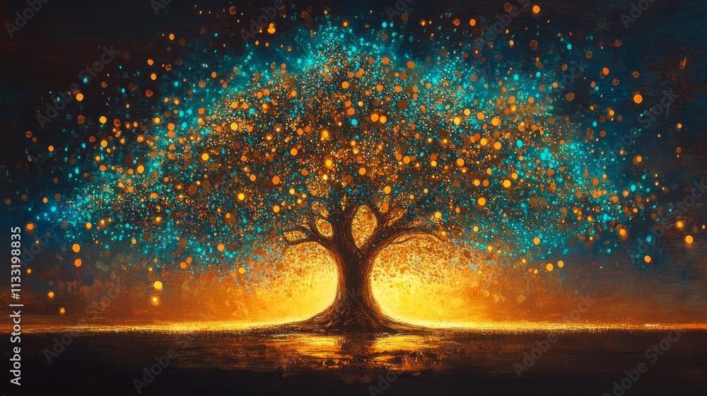 Poster an enchanting tree radiates with glowing lights, creating a magical scene under a dark sky. perfect 
