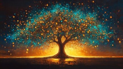 An enchanting tree radiates with glowing lights, creating a magical scene under a dark sky. Perfect for concepts of fantasy, dreams, or mystical nature themes, evoking a sense of wonder and serenity