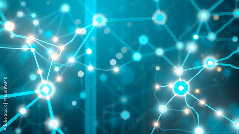 Poster connected dots on blue background as technology concept. 3d rendering