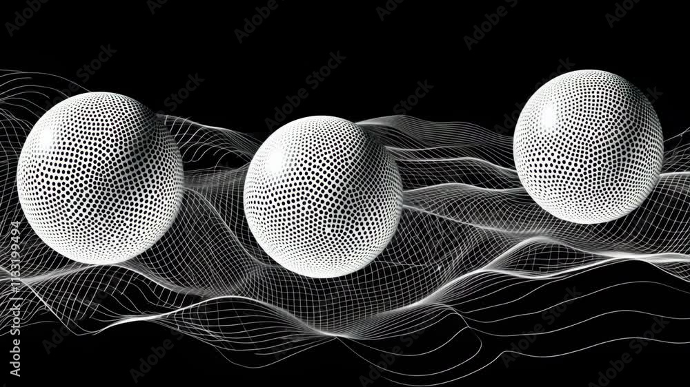 Poster abstract design featuring three spherical shapes overlaid on a flowing network of lines and waves in