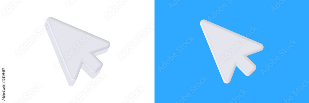 Poster a 3d white arrow cursor is centered on a split background, with one half white and the other blue.