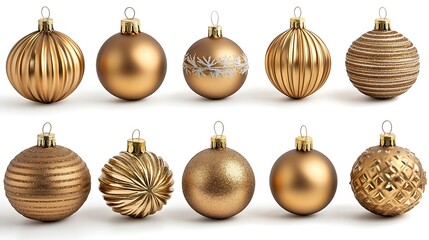 Gold christmas ornaments on white background.