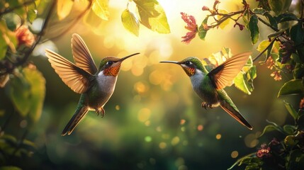 Hummingbirds in Flight with Sunlit Floral Background
