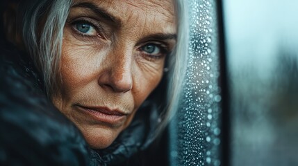 A middle-aged woman with grey hair gazes deeply into the distance, framed by a rainy window, reflecting a serene yet intense expression of life's experiences.