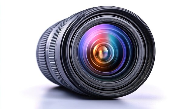Fototapeta Close-up of a modern camera lens with colorful bokeh effect.