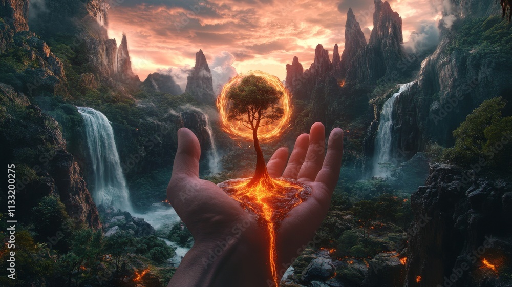 Poster a surreal scene of a single tree enclosed in a glowing sphere, suspended over flowing lava in a huma