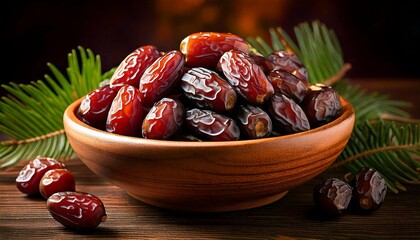 dates in a wooden bowl. Generative AI.