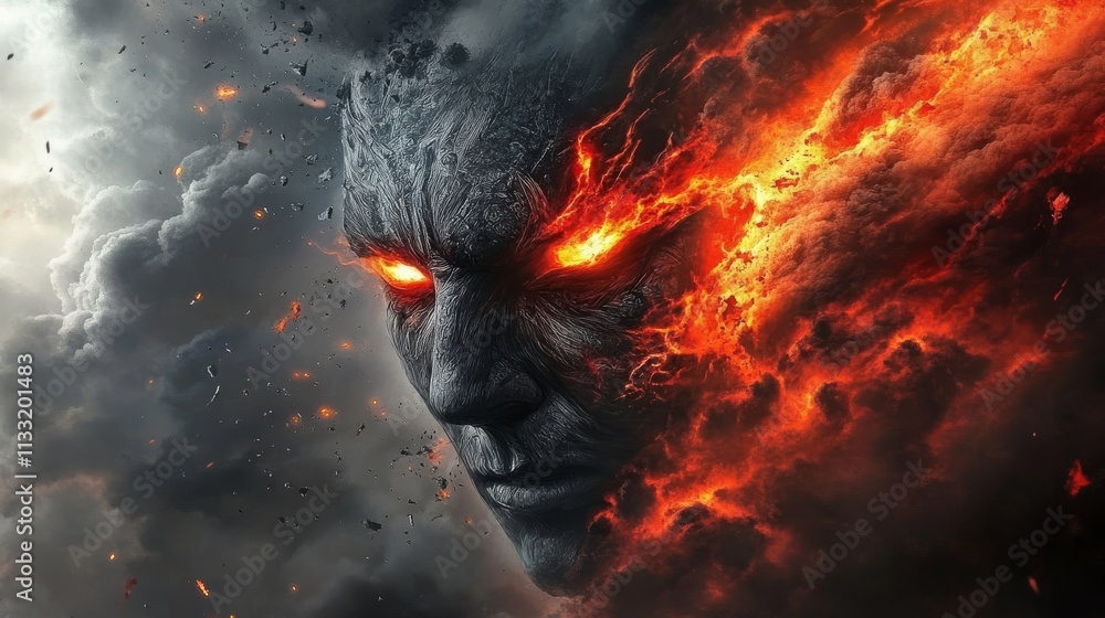 Aufkleber a striking artwork of a fiery face emerging from dark, stormy clouds. the intense glowing eyes and d
