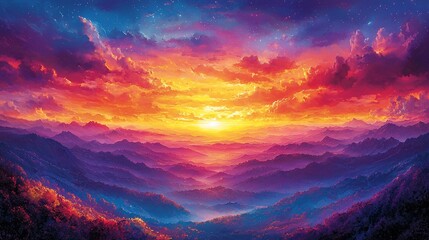 Fototapeta premium Vibrant sunset over majestic mountains and valleys.