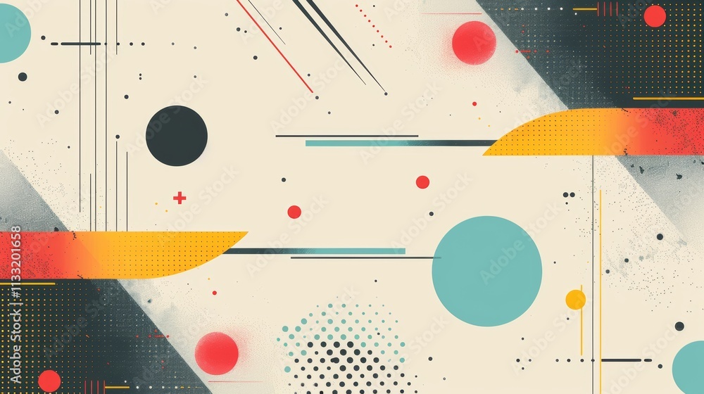 Poster an abstract geometric pattern featuring an array of colorful circles and lines in various shapes and