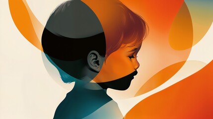 child in poster style silhouette with colorful abstract shapes