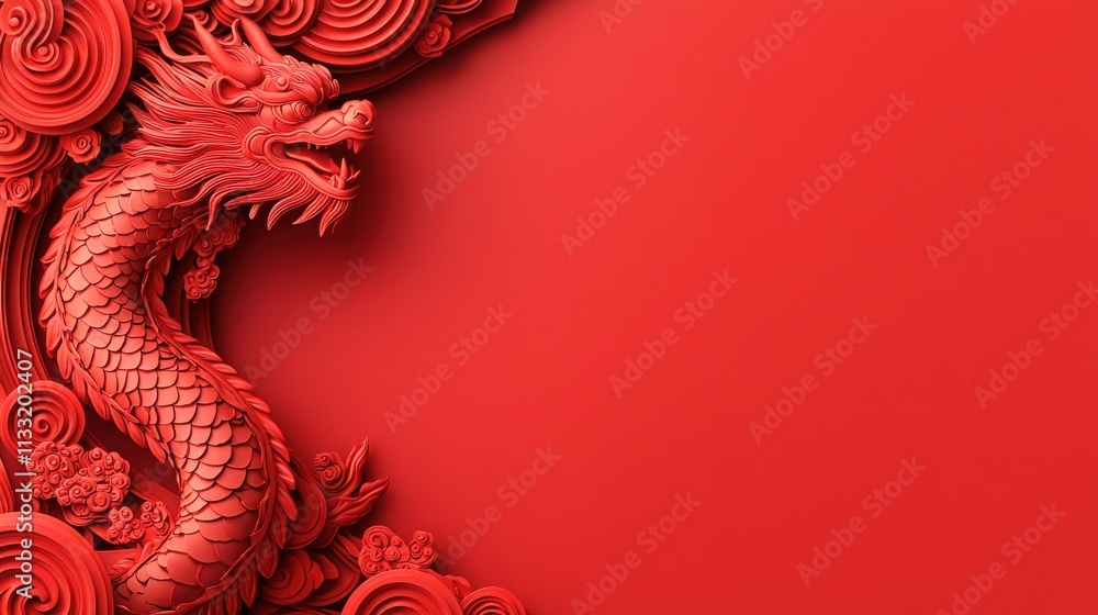 Poster a red background features an intricately designed dragon, symbolizing power and strength in a vibran
