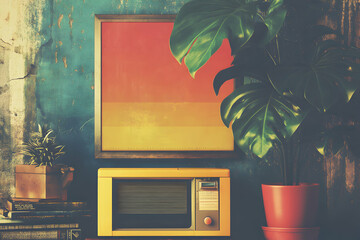 Retro Yellow Microwave and Abstract Art in Vintage Room Setting
