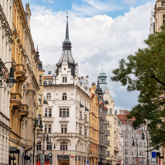 Impressive buildings with artistic facades in the Jewish quarter of Prague, Czechia.