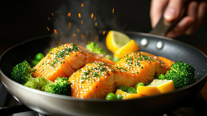 Delicious salmon fillets cooking with vegetables and lemon slices
