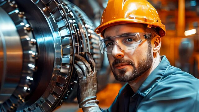 Confident engineer in uniform examines massive turbine blades in a high-tech industrial facility
