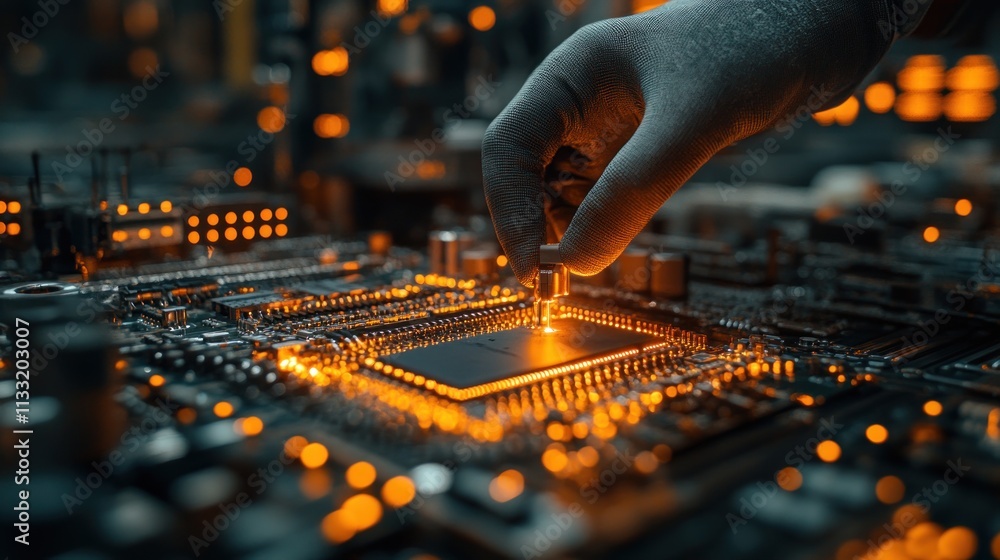 Poster installing a microchip: precision and innovation in electronics manufacturing