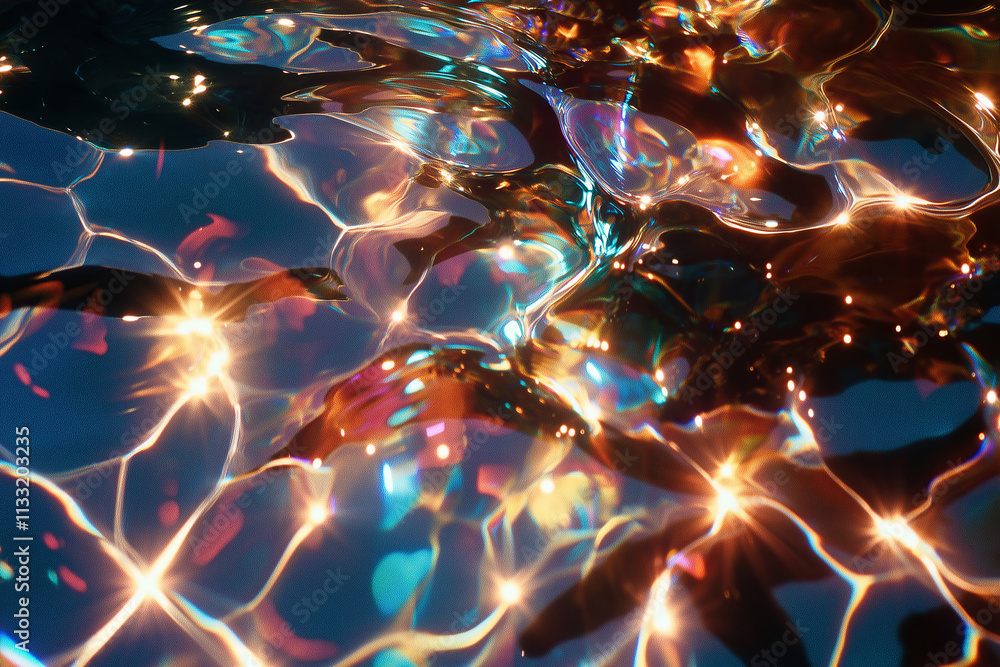 Poster A close-up of rippling water reflecting sunlight, creating shimmering blue patterns. 