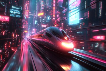 Fototapeta premium High-speed train races through a vibrant, neon-lit cyberpunk cityscape at night.
