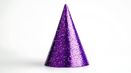 Sparkly purple party hat on white background.