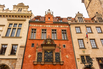 Impressive buildings with artistic facades in the Jewish quarter of Prague, Czechia.