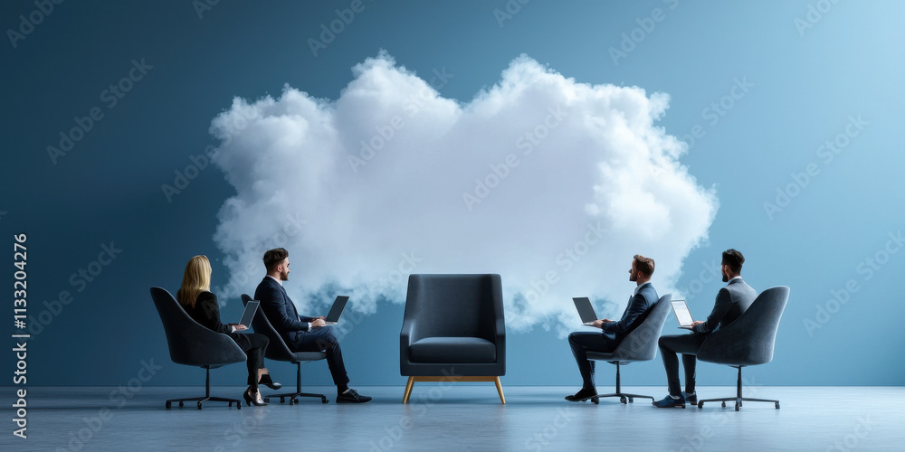 Poster virtual meeting setup with users in modern chairs and cloud backdrop