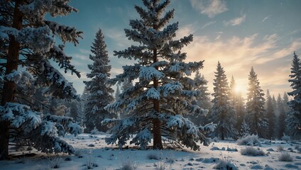 Snowy winter forest with tall pine trees. Sunrise.

