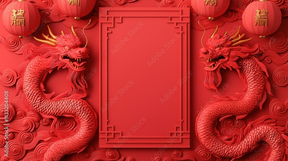 Poster a vibrant red background featuring two intricately designed dragons, surrounded by decorative lanter