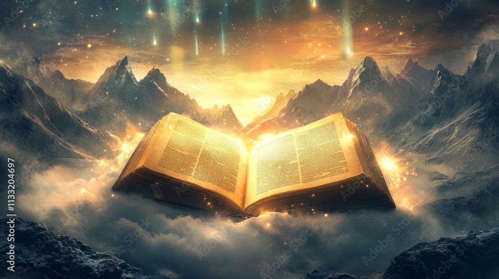 Poster a mystical, illuminated book glowing with golden light, floating over a cloud-covered mountain range