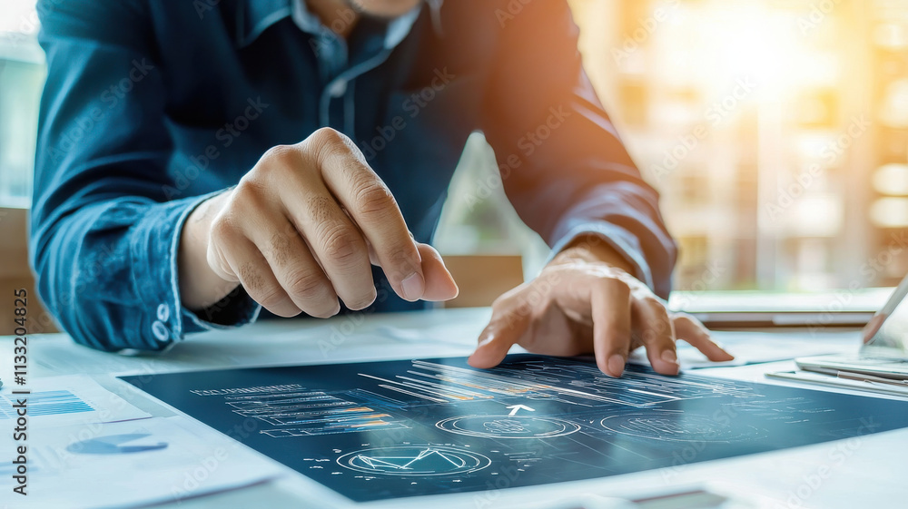 Poster businessman analyzing data on digital tablet with graphs and charts