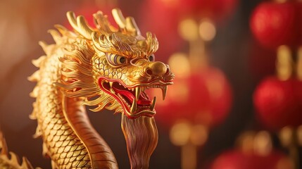 Fototapeta premium A golden dragon figurine with intricate details and a fierce expression, surrounded by festive red lanterns, symbolizing strength and prosperity.