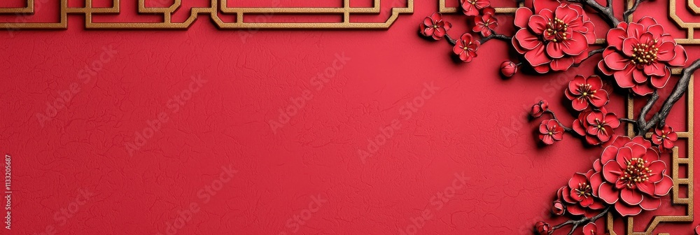 Poster a vibrant red background adorned with intricate golden patterns and blooming flowers, creating a fes
