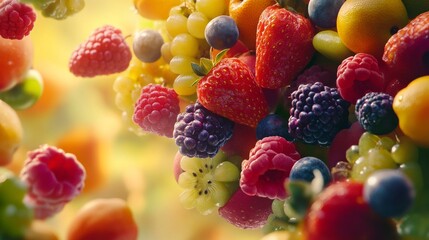 A vibrant close-up of assorted berries including strawberries, raspberries, blueberries, and blackberries, set against a softly blurred, sunlit background. This image highlights the freshness and