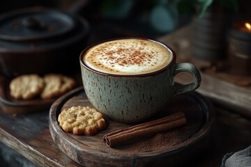 Aromatic coffee topped with cinnamon, accompanied by cookies and spices, creates a cozy and inviting atmosphere