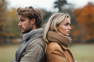 Fototapeta premium Man and woman wearing scarves and jackets are standing back to back, looking sad and angry after an argument, in a park during autumn