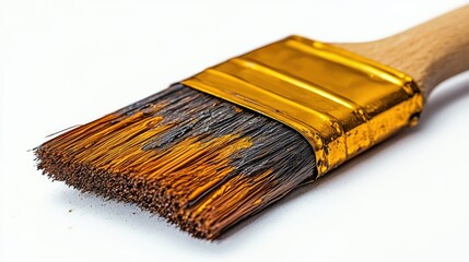 Fototapeta premium Close-up of a used paintbrush with dried paint on bristles. Wooden handle with gold ferrule.