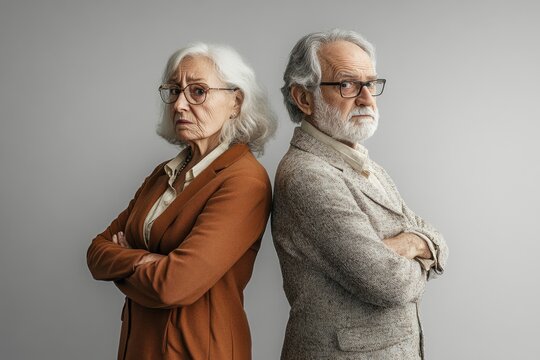 Elderly man and woman with crossed arms, expressing conflict and disagreement in their relationship
