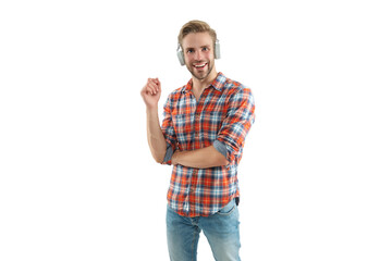 Fototapeta premium Man millennial gen listen audio. Music lover lifestyle. Student life. Audio book. Millennial man listen music isolated on white. Modern lifestyle. Listen to music in headphones. Favorite playlist