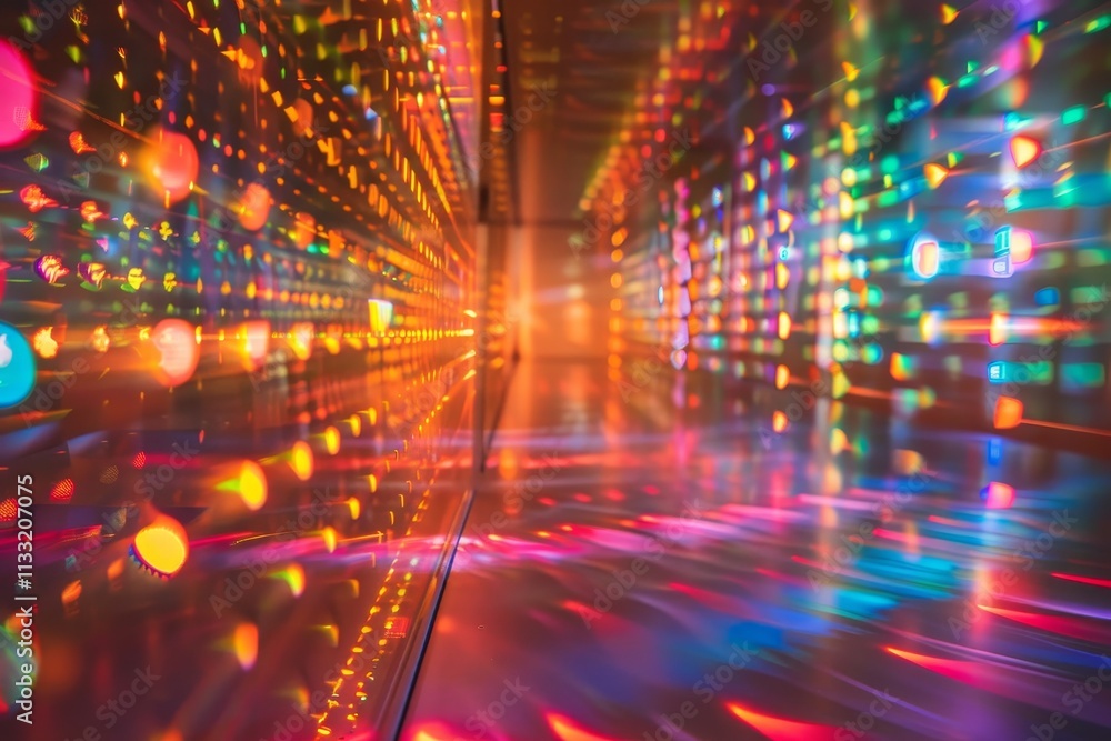 Poster an abstract light tunnel illuminated by vibrant, colorful lights creating a mesmerizing visual effec