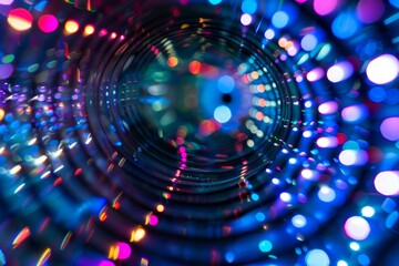 Fototapeta premium A vibrant circular tunnel illuminated by an array of colorful lights, creating a mesmerizing visual experience. Nanophotonic devices manipulating light.