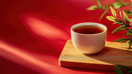  white ceramic cup of black tea on a wooden board, against a red background with green plant decoration