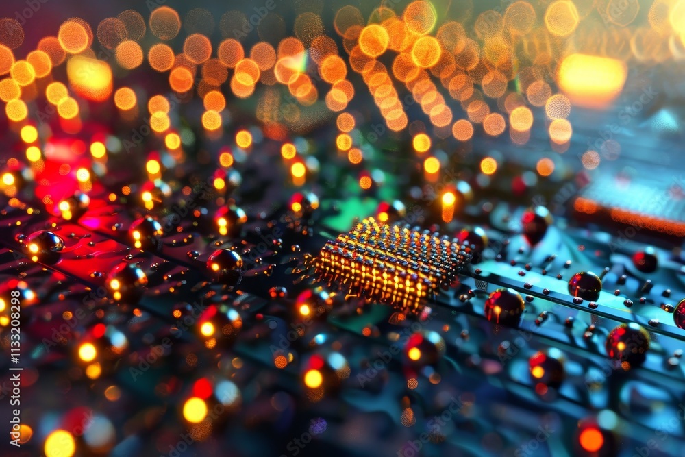 Poster a close-up view of a circuit board illuminated by various colorful lights, showcasing intricate elec